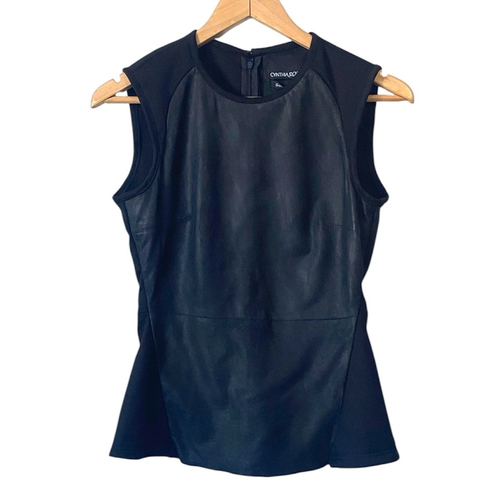 Cynthia Rowley Chic Black genuine Leather panel peplum shirt Top size XS